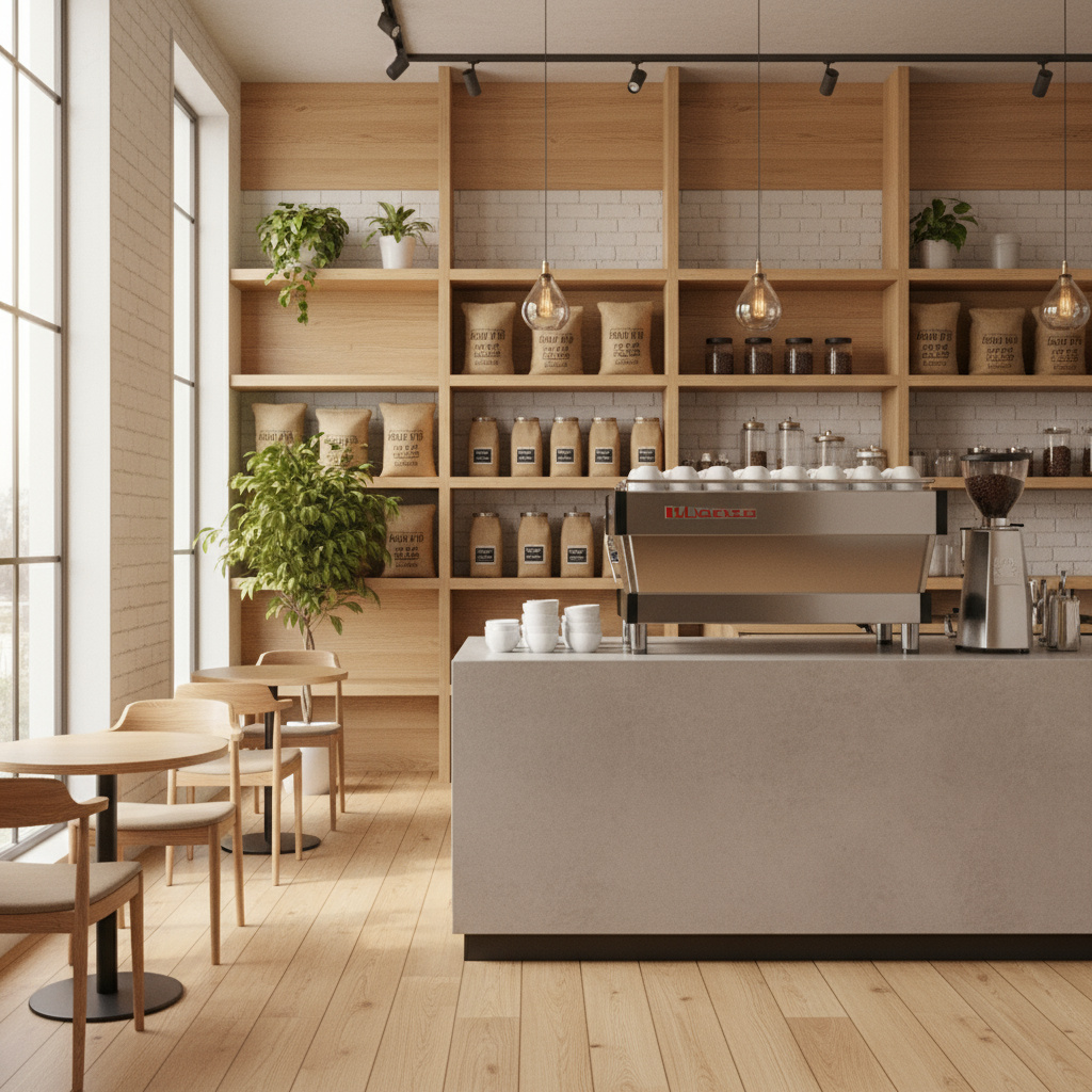 Bright, inviting modern café interior with espresso machine and coffee shelves
