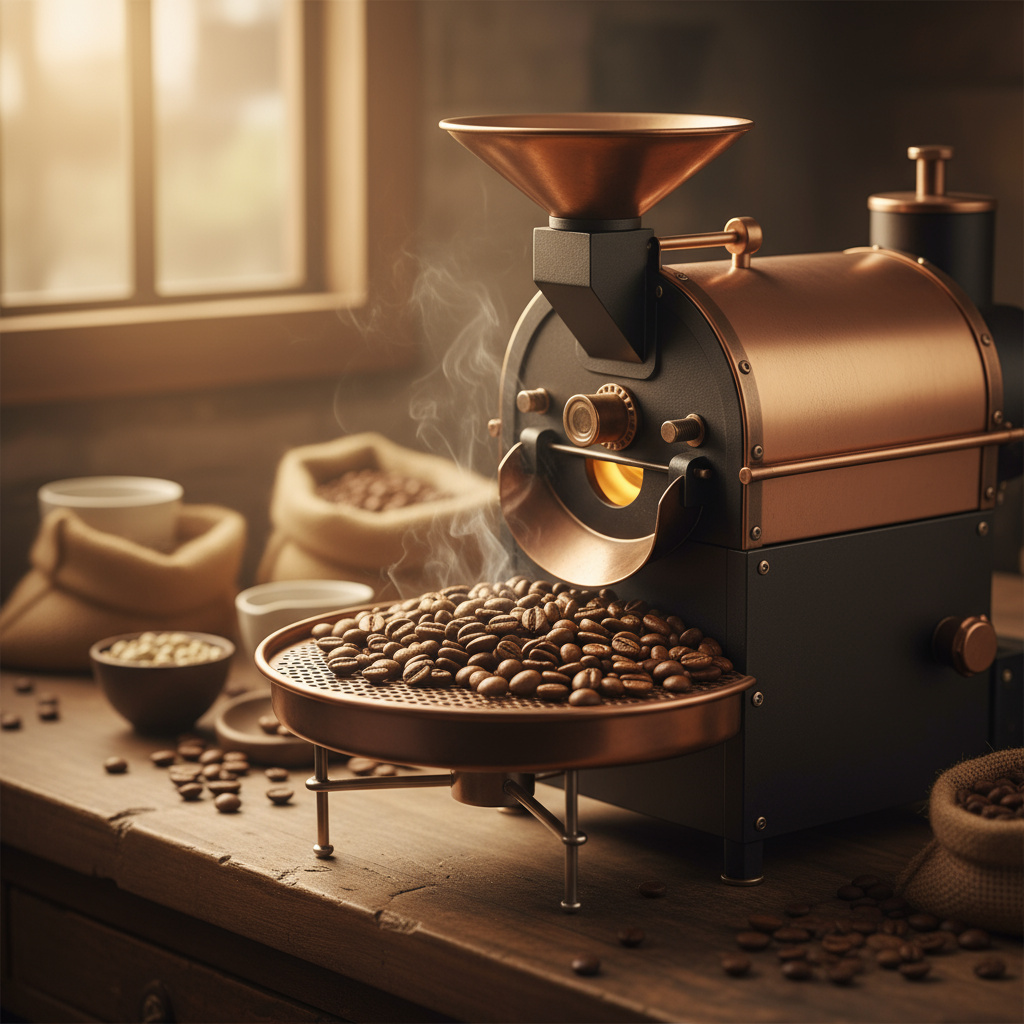 Small-batch coffee roaster with freshly roasted beans cooling