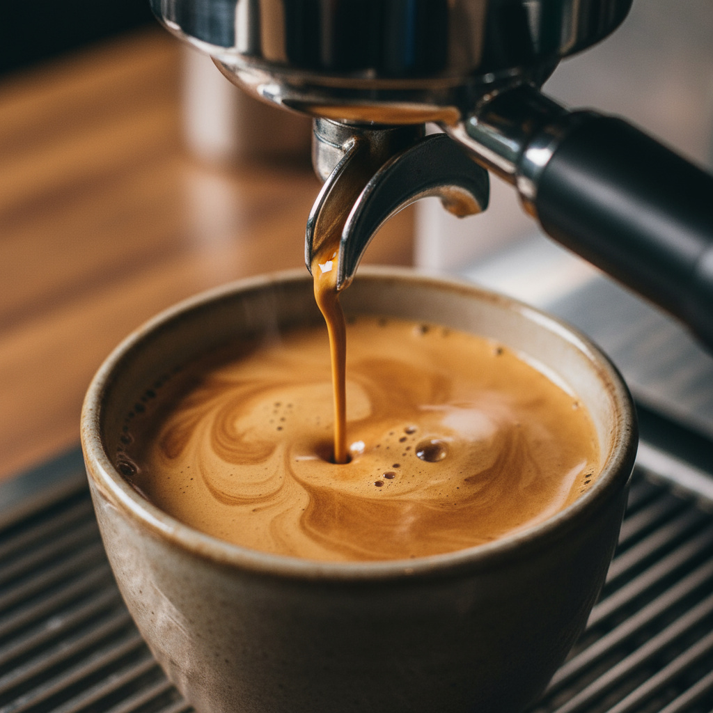 Perfect espresso shot pouring with rich crema