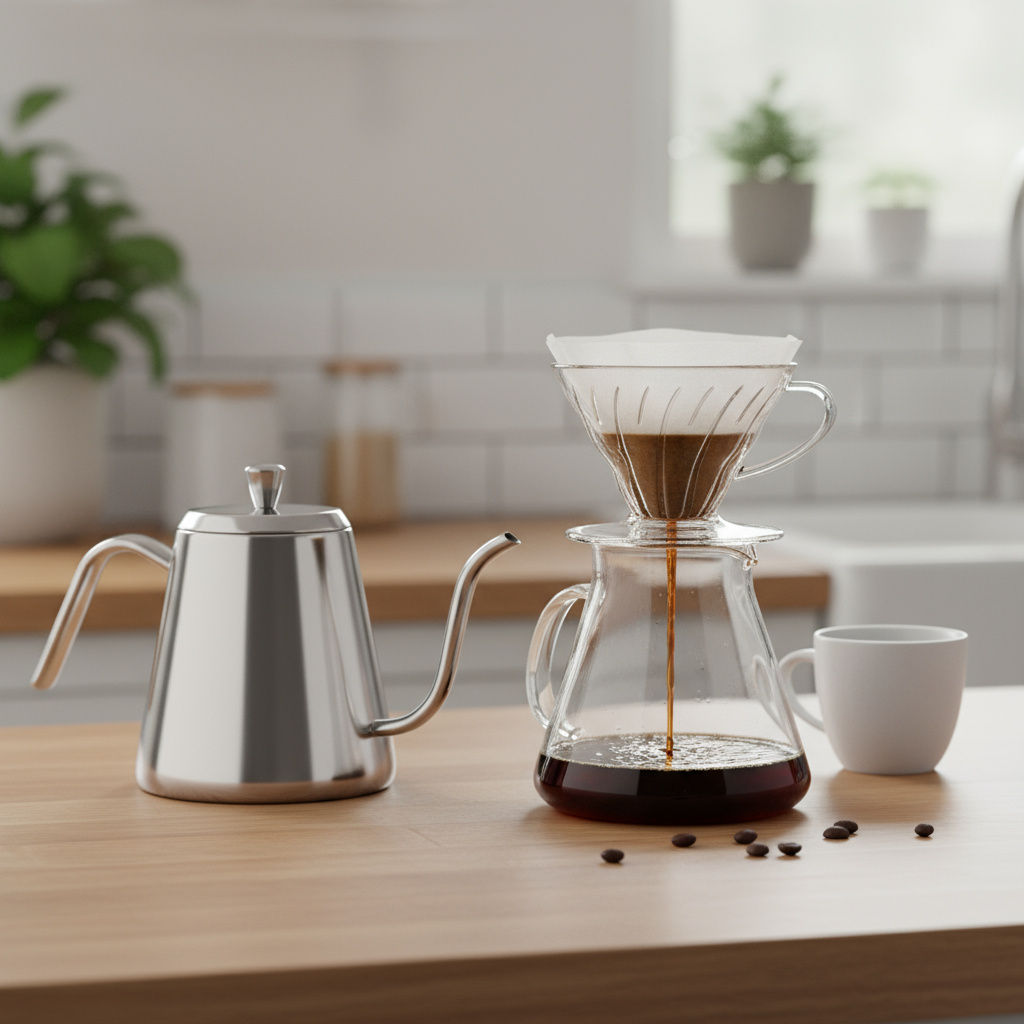 Clean pour-over coffee setup on wooden counter